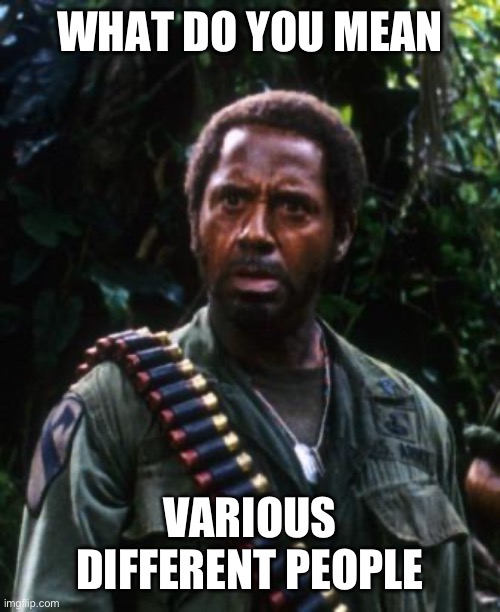 Tropic Thunder You People | WHAT DO YOU MEAN; VARIOUS DIFFERENT PEOPLE | image tagged in tropic thunder you people | made w/ Imgflip meme maker