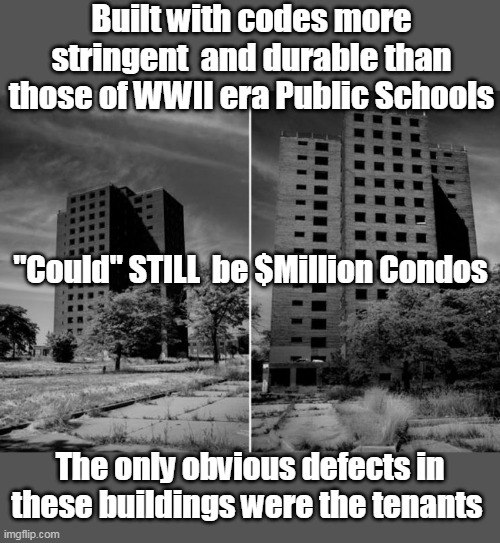 Work the business end of a broom? Nah, but WRECK shit ???? | Built with codes more stringent  and durable than those of WWII era Public Schools; "Could" STILL  be $Million Condos; The only obvious defects in these buildings were the tenants | image tagged in public housing nightmare meme | made w/ Imgflip meme maker