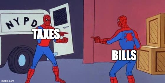 Spider Man Double | TAXES; BILLS | image tagged in spider man double,taxes,bills | made w/ Imgflip meme maker