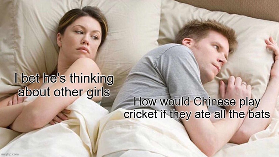 I Bet He's Thinking About Other Women Meme | I bet he's thinking about other girls; How would Chinese play cricket if they ate all the bats | image tagged in memes,i bet he's thinking about other women | made w/ Imgflip meme maker