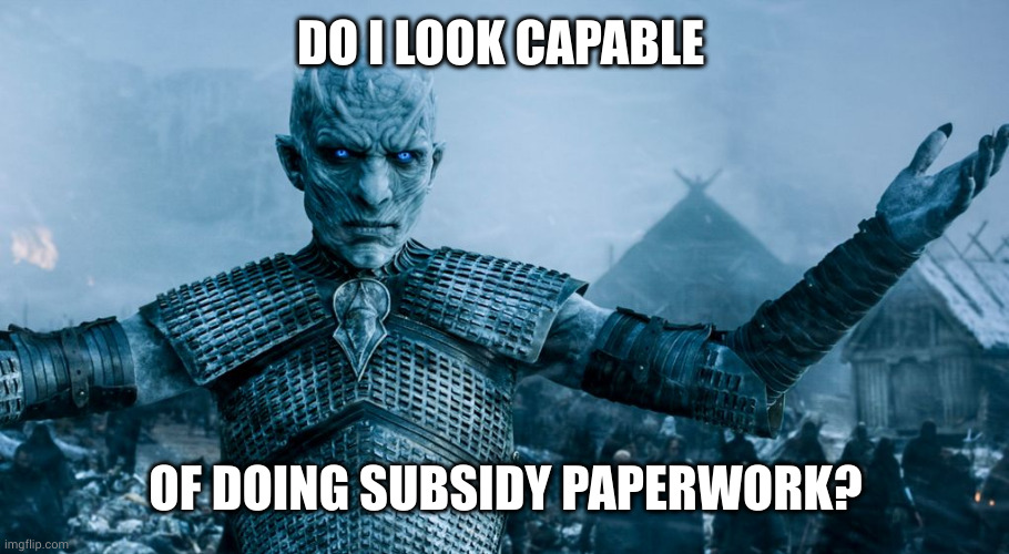 Game of Thrones Night King | DO I LOOK CAPABLE OF DOING SUBSIDY PAPERWORK? | image tagged in game of thrones night king | made w/ Imgflip meme maker