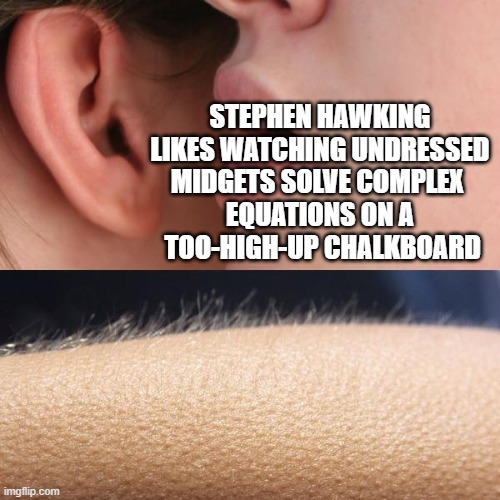 Stephen Hawking | STEPHEN HAWKING  LIKES WATCHING UNDRESSED 
MIDGETS SOLVE COMPLEX 
EQUATIONS ON A
 TOO-HIGH-UP CHALKBOARD | image tagged in whisper and goosebumps | made w/ Imgflip meme maker