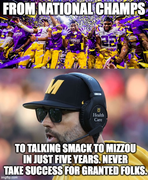 FROM NATIONAL CHAMPS; TO TALKING SMACK TO MIZZOU IN JUST FIVE YEARS. NEVER TAKE SUCCESS FOR GRANTED FOLKS. | image tagged in lsu | made w/ Imgflip meme maker