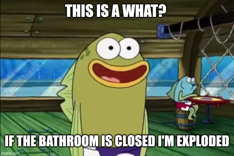 Fish Meme (This is a What) | THIS IS A WHAT? IF THE BATHROOM IS CLOSED I'M EXPLODED | image tagged in fish meme,spongebob,meme | made w/ Imgflip meme maker