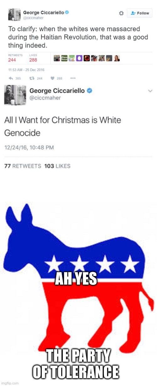 Least Racist Leftist | AH YES; THE PARTY OF TOLERANCE | image tagged in democrat donkey | made w/ Imgflip meme maker