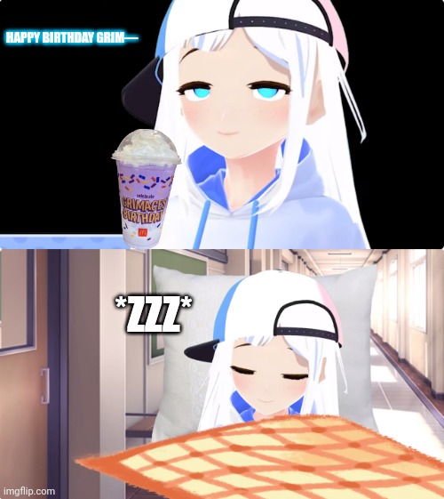 Querxes tries the Grimace Shake | HAPPY BIRTHDAY GRIM—; *ZZZ* | image tagged in smug querxes,querxes sleeping | made w/ Imgflip meme maker