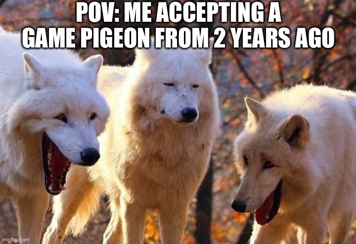 … | POV: ME ACCEPTING A GAME PIGEON FROM 2 YEARS AGO | image tagged in laughing wolf | made w/ Imgflip meme maker
