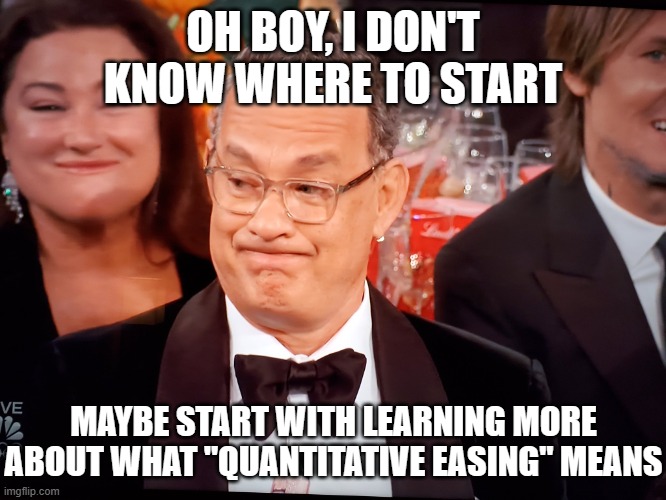 Tom Hanks Golden Globes | OH BOY, I DON'T KNOW WHERE TO START MAYBE START WITH LEARNING MORE ABOUT WHAT "QUANTITATIVE EASING" MEANS | image tagged in tom hanks golden globes | made w/ Imgflip meme maker
