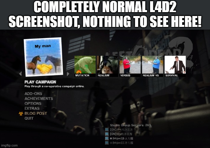 Totally normal, my dudes. | COMPLETELY NORMAL L4D2 SCREENSHOT, NOTHING TO SEE HERE! | image tagged in normal,screenshot,nothing to see here | made w/ Imgflip meme maker