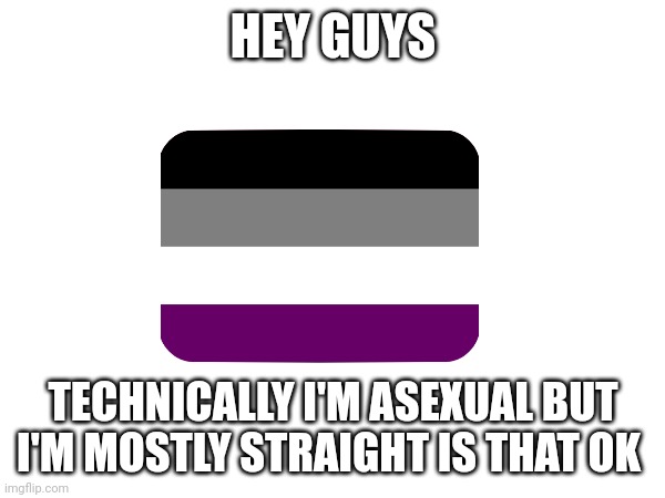 Is that ok with everyone | HEY GUYS; TECHNICALLY I'M ASEXUAL BUT I'M MOSTLY STRAIGHT IS THAT OK | image tagged in asexual | made w/ Imgflip meme maker