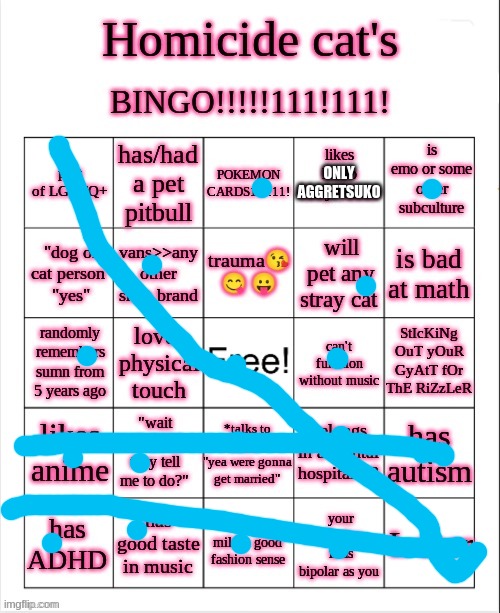 Homicide-Cat's bingo | ONLY AGGRETSUKO | image tagged in homicide-cat's bingo | made w/ Imgflip meme maker