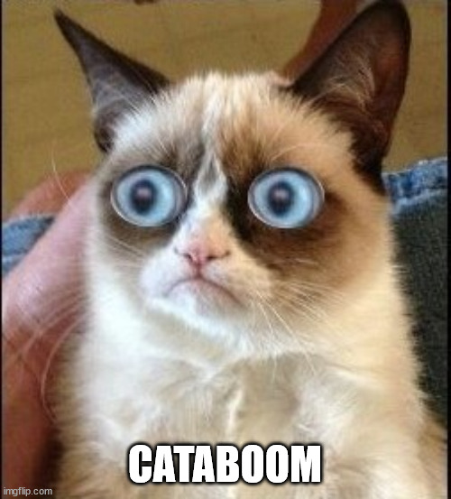 Grumpy Cat Shocked | CATABOOM | image tagged in grumpy cat shocked | made w/ Imgflip meme maker