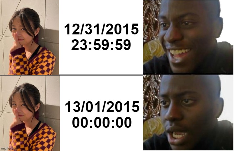 Same to the 2020 meme, what if 2015 never end | 12/31/2015
23:59:59; 13/01/2015
00:00:00 | image tagged in disappointed black guy | made w/ Imgflip meme maker