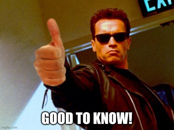 terminator thumbs up (no borders) | GOOD TO KNOW! | image tagged in terminator thumbs up no borders | made w/ Imgflip meme maker