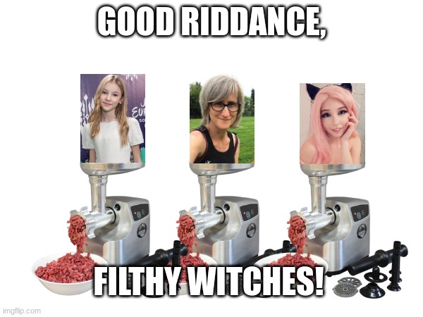 The three most hated women in ImgFlip Nation get the grinder! | GOOD RIDDANCE, FILTHY WITCHES! | image tagged in meat grinder,daneliya tuleshova sucks,that vegan teacher,belle delphine | made w/ Imgflip meme maker