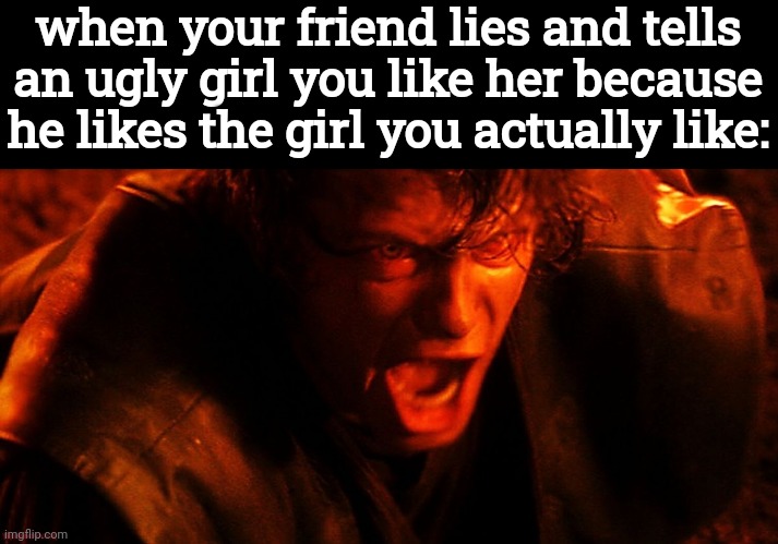 Fr | when your friend lies and tells an ugly girl you like her because he likes the girl you actually like: | image tagged in anakin i hate you,funny,crush,anakin liar,jarvis pull up the picture,consider the following | made w/ Imgflip meme maker