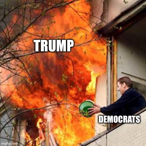 Hahaha | TRUMP; DEMOCRATS | image tagged in fire idiot bucket water | made w/ Imgflip meme maker