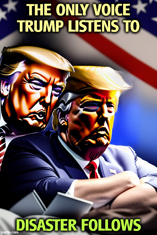 THE ONLY VOICE TRUMP LISTENS TO; DISASTER FOLLOWS | image tagged in trump,narcissist,malignant narcissism | made w/ Imgflip meme maker