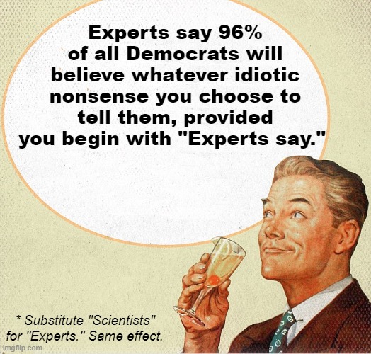 Why Democrat voters believe whatever Dem. politicians tell them | Experts say 96% of all Democrats will believe whatever idiotic nonsense you choose to tell them, provided you begin with "Experts say."; * Substitute "Scientists" for "Experts." Same effect. | image tagged in experts say,scientist say,democrats | made w/ Imgflip meme maker