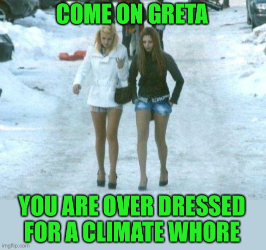 russian hookers | COME ON GRETA YOU ARE OVER DRESSED FOR A CLIMATE WHORE | image tagged in russian hookers | made w/ Imgflip meme maker