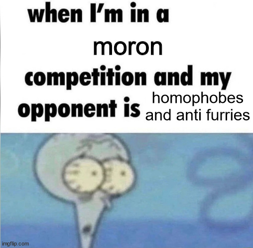 whe i'm in a competition and my opponent is | moron; homophobes and anti furries | image tagged in whe i'm in a competition and my opponent is | made w/ Imgflip meme maker