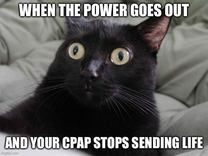 Cpap | WHEN THE POWER GOES OUT; AND YOUR CPAP STOPS SENDING LIFE | image tagged in startled cat | made w/ Imgflip meme maker