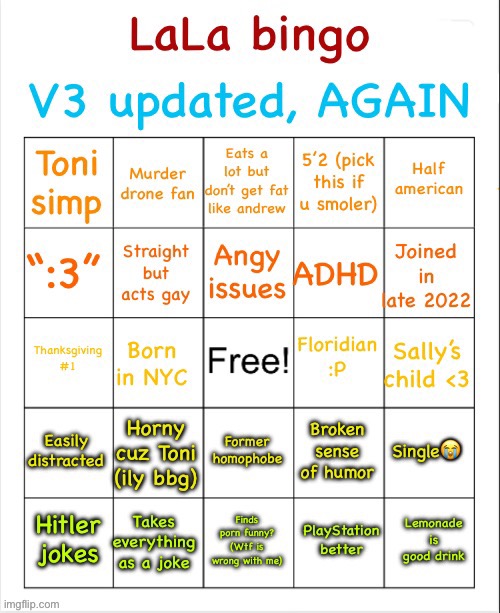 New bingo cuz last one is easy af, let’s turn it a notch | image tagged in lala bingo v3 | made w/ Imgflip meme maker