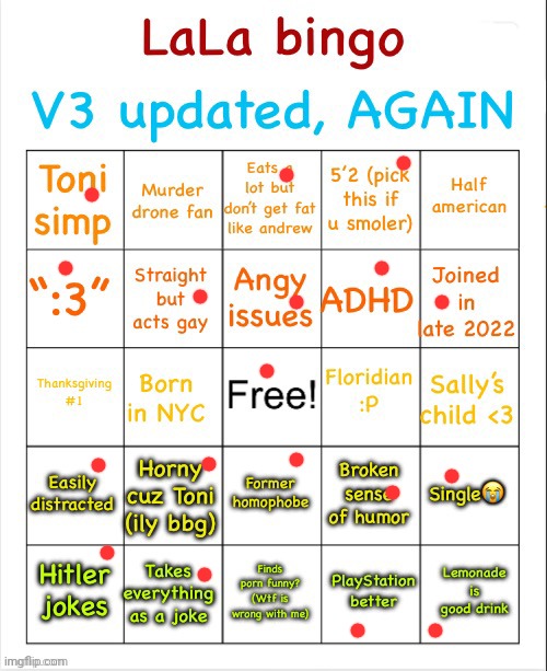 LaLa bingo (V3) | image tagged in lala bingo v3 | made w/ Imgflip meme maker