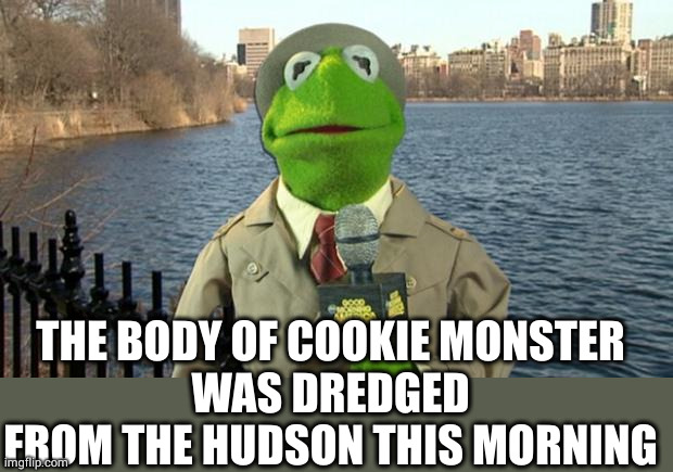 Kermit News Report | THE BODY OF COOKIE MONSTER
WAS DREDGED FROM THE HUDSON THIS MORNING | image tagged in kermit news report | made w/ Imgflip meme maker