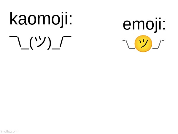 shruggie comparison | emoji:; kaomoji:; ¯\_(ツ)_/¯ | image tagged in emoji,emojis | made w/ Imgflip meme maker