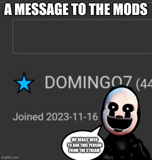 Please ban this person | A MESSAGE TO THE MODS; WE REALLY NEED TO BAN THIS PERSON FROM THE STREAM | image tagged in please,ban | made w/ Imgflip meme maker