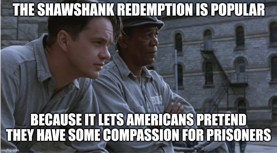 THE SHAWSHANK REDEMPTION IS POPULAR; BECAUSE IT LETS AMERICANS PRETEND THEY HAVE SOME COMPASSION FOR PRISONERS | image tagged in random,facts | made w/ Imgflip meme maker