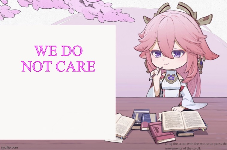 Yae Miko announcement temp | WE DO NOT CARE | image tagged in yae miko announcement temp | made w/ Imgflip meme maker