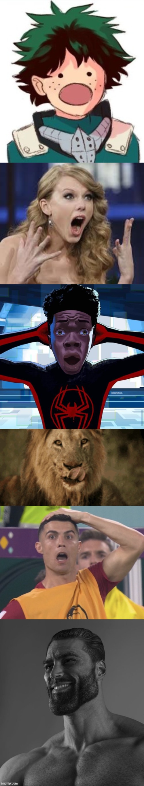 image tagged in oh my god deku,omg,miles morales,ronaldo shock,giga chad | made w/ Imgflip meme maker