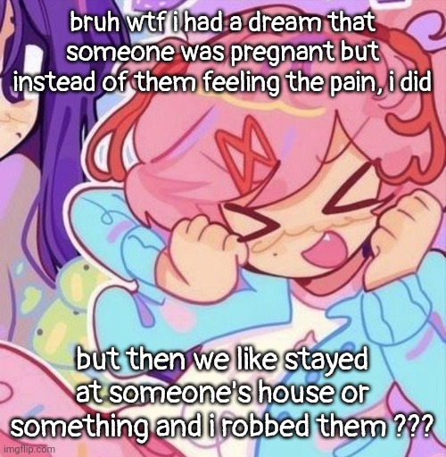 natsuki | bruh wtf i had a dream that someone was pregnant but instead of them feeling the pain, i did; but then we like stayed at someone's house or something and i robbed them ??? | image tagged in natsuki | made w/ Imgflip meme maker
