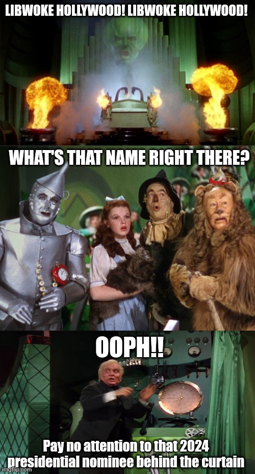 Crazy like Kari Lake lmao | LIBWOKE HOLLYWOOD! LIBWOKE HOLLYWOOD! WHAT'S THAT NAME RIGHT THERE? OOPH!! Pay no attention to that 2024 presidential nominee behind the curtain | image tagged in lmao,lolz,wizard of oz,jeffrey epstein | made w/ Imgflip meme maker