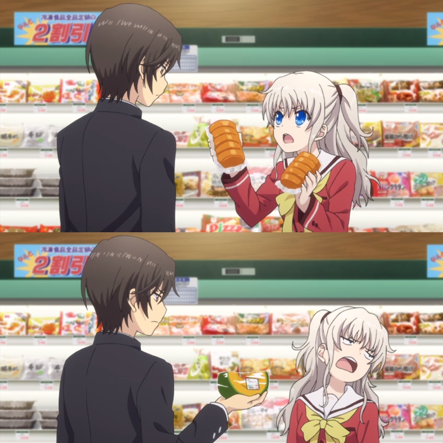 Anime girl shows items to guy at store Blank Meme Template