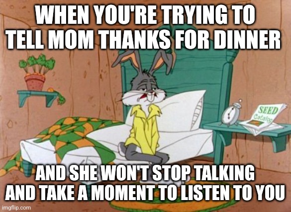 One of the many reasons in my book as to why parents can be so annoying sometimes haha | WHEN YOU'RE TRYING TO TELL MOM THANKS FOR DINNER; AND SHE WON'T STOP TALKING AND TAKE A MOMENT TO LISTEN TO YOU | image tagged in exhausted bugs bunny,memes,scumbag parents,relatable memes,relatable,bugs bunny | made w/ Imgflip meme maker