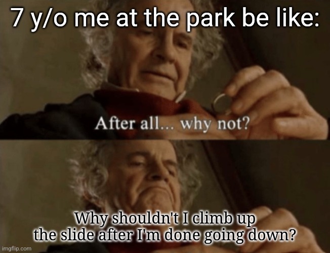 I still do this sometimes lmao | 7 y/o me at the park be like:; Why shouldn't I climb up the slide after I'm done going down? | image tagged in after all why not,memes,funny,relatable | made w/ Imgflip meme maker