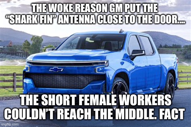 Go woke go broke | THE WOKE REASON GM PUT THE  “SHARK FIN” ANTENNA CLOSE TO THE DOOR.... THE SHORT FEMALE WORKERS COULDN’T REACH THE MIDDLE. FACT | image tagged in woke,gifs,unbelievable | made w/ Imgflip meme maker