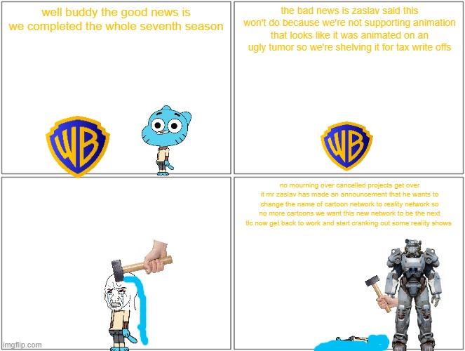 i'm already predicting that david zaslav will shelve season 7 of gumball for a tax write off | well buddy the good news is we completed the whole seventh season; the bad news is zaslav said this won't do because we're not supporting animation that looks like it was animated on an ugly tumor so we're shelving it for tax write offs; no mourning over cancelled projects get over it mr zaslav has made an announcement that he wants to change the name of cartoon network to reality network so no more cartoons we want this new network to be the next tlc now get back to work and start cranking out some reality shows | image tagged in memes,blank comic panel 2x2,warner bros discovery,greed | made w/ Imgflip meme maker