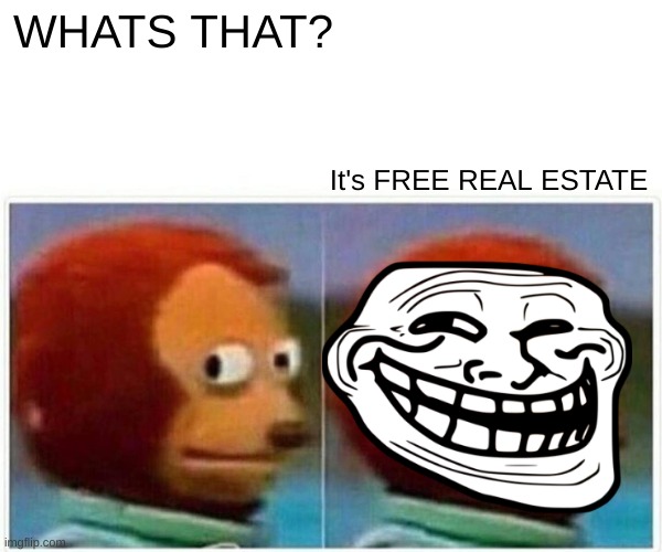 Free realistat | WHATS THAT? It's FREE REAL ESTATE | image tagged in memes,monkey puppet | made w/ Imgflip meme maker