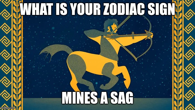 ? | WHAT IS YOUR ZODIAC SIGN; MINES A SAG | image tagged in memes,lol,zodiac,zodiac signs,loll | made w/ Imgflip meme maker