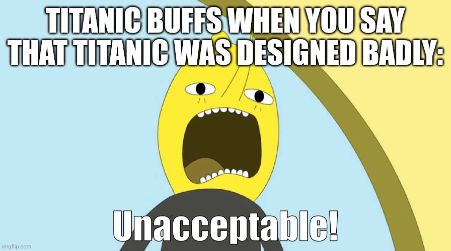 Titanic was not built badly | TITANIC BUFFS WHEN YOU SAY THAT TITANIC WAS DESIGNED BADLY: | image tagged in unacceptable,titanic | made w/ Imgflip meme maker