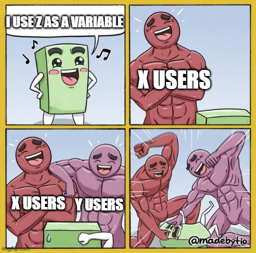 'Y' would you use Z? | I USE Z AS A VARIABLE; X USERS; X USERS; Y USERS | image tagged in guy getting beat up | made w/ Imgflip meme maker