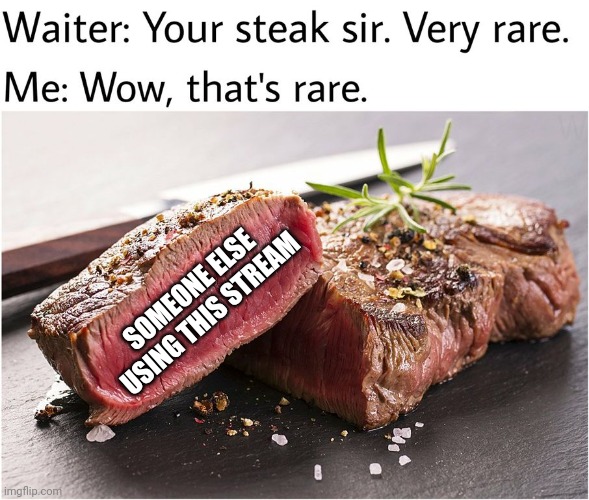 rare steak meme | SOMEONE ELSE USING THIS STREAM | image tagged in rare steak meme | made w/ Imgflip meme maker