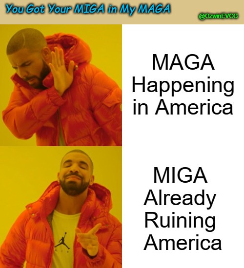 You Got Your MIGA in My MAGA | You Got Your MIGA in My MAGA; @OzwinEVCG | image tagged in maga please,miga please,america first,occupied america,want my country back,drake no/yes | made w/ Imgflip meme maker
