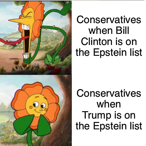 So are we bringing criminal charges against them or not? | Conservatives when Bill Clinton is on the Epstein list; Conservatives when Trump is on the Epstein list | image tagged in cuphead flower,memes,politics,jeffrey epstein,donald trump,bill clinton | made w/ Imgflip meme maker