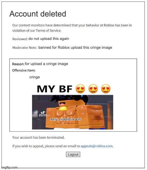 Moderation System | Account deleted; do not upload this again; banned for Roblox upload this cringe image; for upload a cringe image; cringe | image tagged in moderation system | made w/ Imgflip meme maker