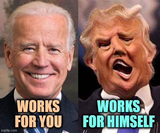 Trump fights only for Trump. The rest is a mirage. | WORKS FOR YOU; WORKS FOR HIMSELF | image tagged in biden solid stable trump acid drugs,biden,works,you,trump,selfish | made w/ Imgflip meme maker